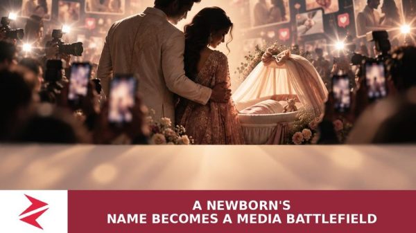 Conceptual editorial illustration of celebrity parents protecting a newborn from intense media attention