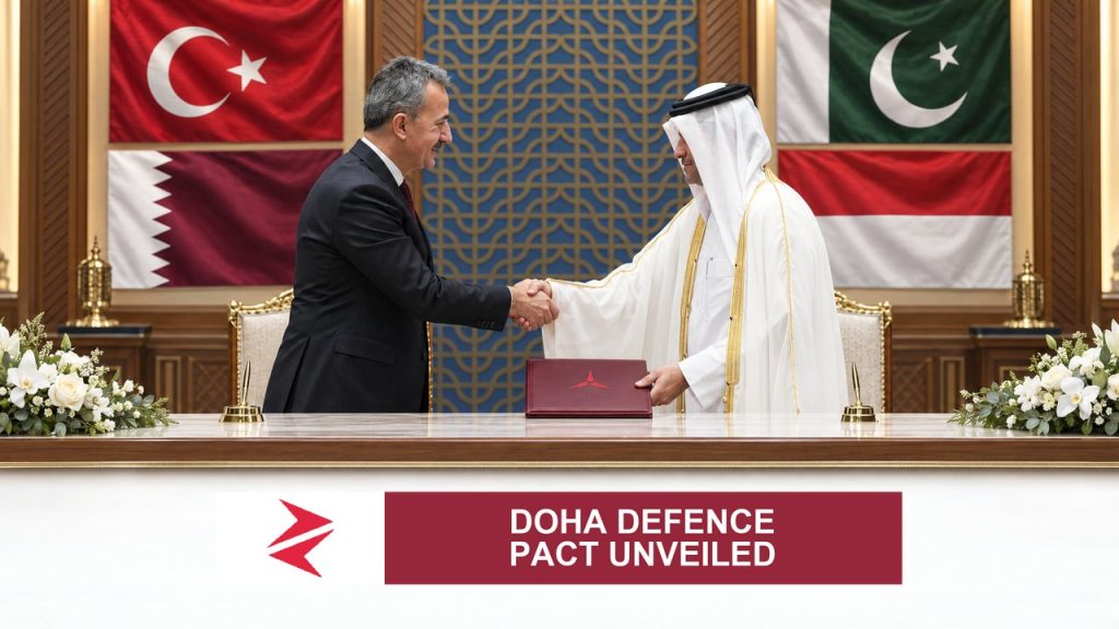 AI-generated editorial illustration: Conceptual editorial illustration for Doha Defence Pact Unveiled. Not a documentary photograph.