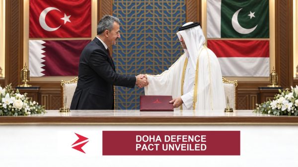 AI-generated editorial illustration: Conceptual editorial illustration for Doha Defence Pact Unveiled. Not a documentary photograph.