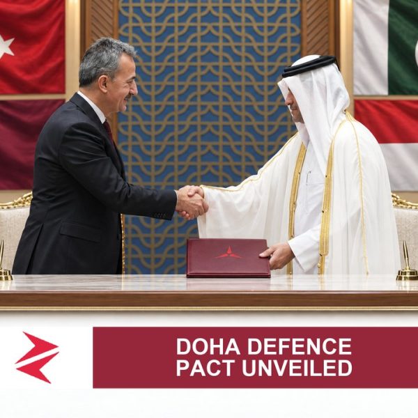 AI-generated editorial illustration: Conceptual editorial illustration for Doha Defence Pact Unveiled. Not a documentary photograph.