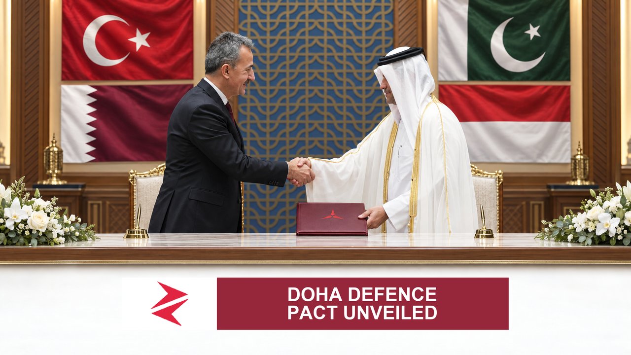 AI-generated editorial illustration: Conceptual editorial illustration for Doha Defence Pact Unveiled. Not a documentary photograph.