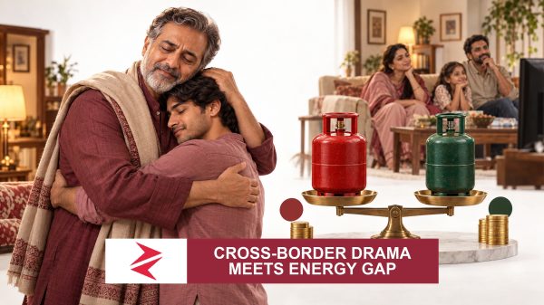 AI-generated editorial illustration: Conceptual editorial illustration for Cross‑Border Drama Meets Energy Gap. Not a documentary photograph.
