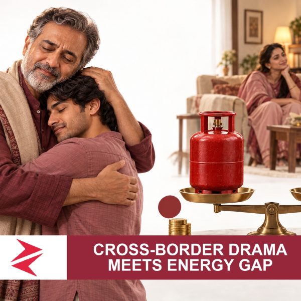AI-generated editorial illustration: Conceptual editorial illustration for Cross‑Border Drama Meets Energy Gap. Not a documentary photograph.