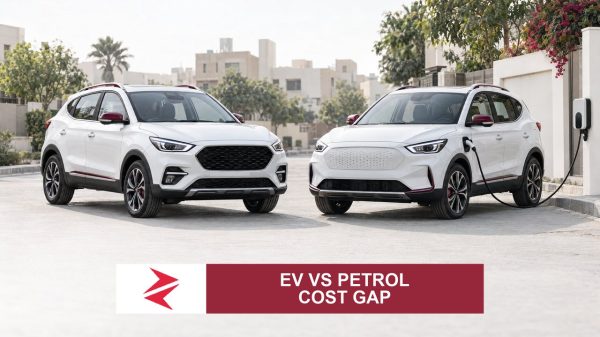 AI-generated editorial illustration: Conceptual editorial illustration for EV vs Petrol Cost Gap. Not a documentary photograph.