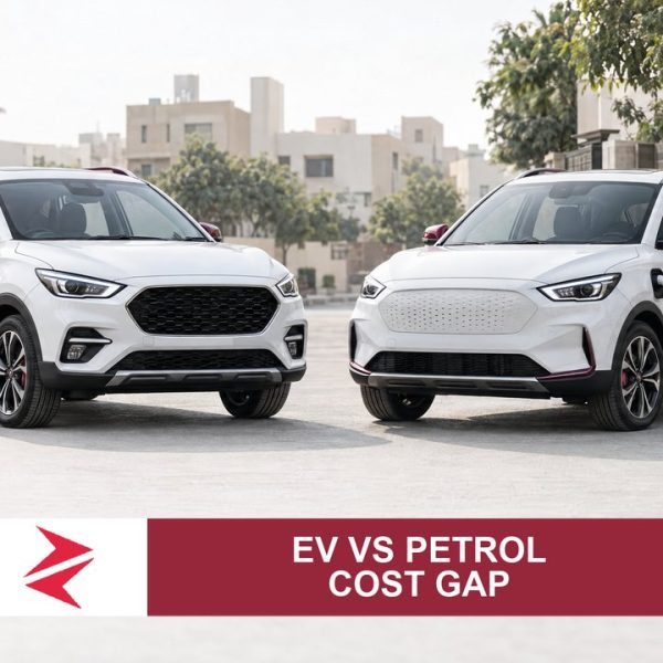 AI-generated editorial illustration: Conceptual editorial illustration for EV vs Petrol Cost Gap. Not a documentary photograph.