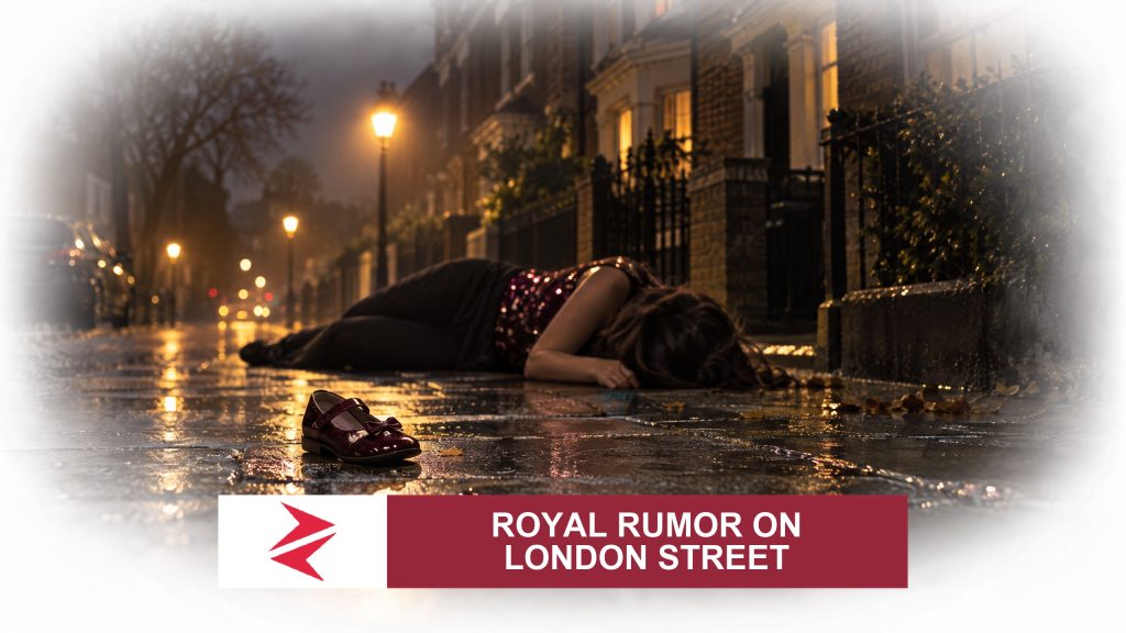 AI-generated editorial illustration: Conceptual editorial illustration for Royal Rumor on London Street. Not a documentary photograph.