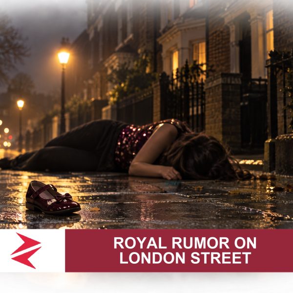 AI-generated editorial illustration: Conceptual editorial illustration for Royal Rumor on London Street. Not a documentary photograph.