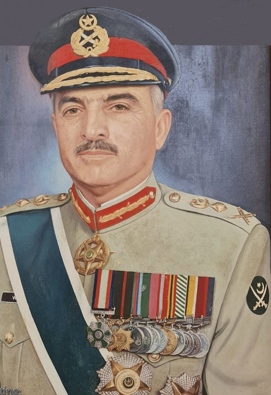 Portrait painting of General Abdul Waheed Kakar in military uniform with medals and cap
