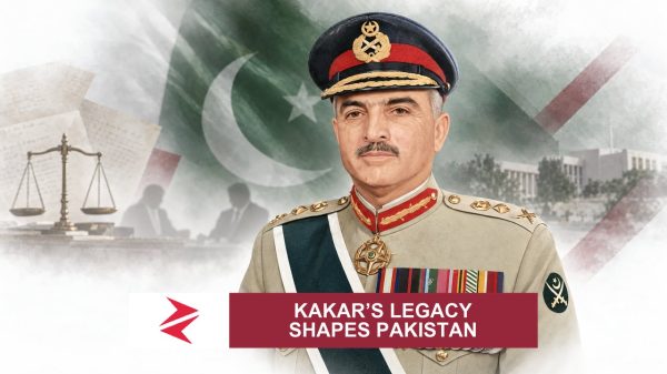 AI-generated editorial illustration: Conceptual editorial illustration for Kakar’s Legacy Shapes Pakistan. Not a documentary photograph.