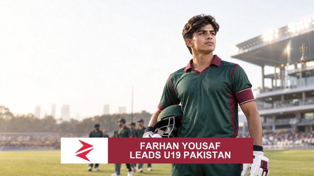 AI-generated editorial illustration: Conceptual editorial illustration for Farhan Yousaf Leads U19 Pakistan. Not a documentary photograph.
