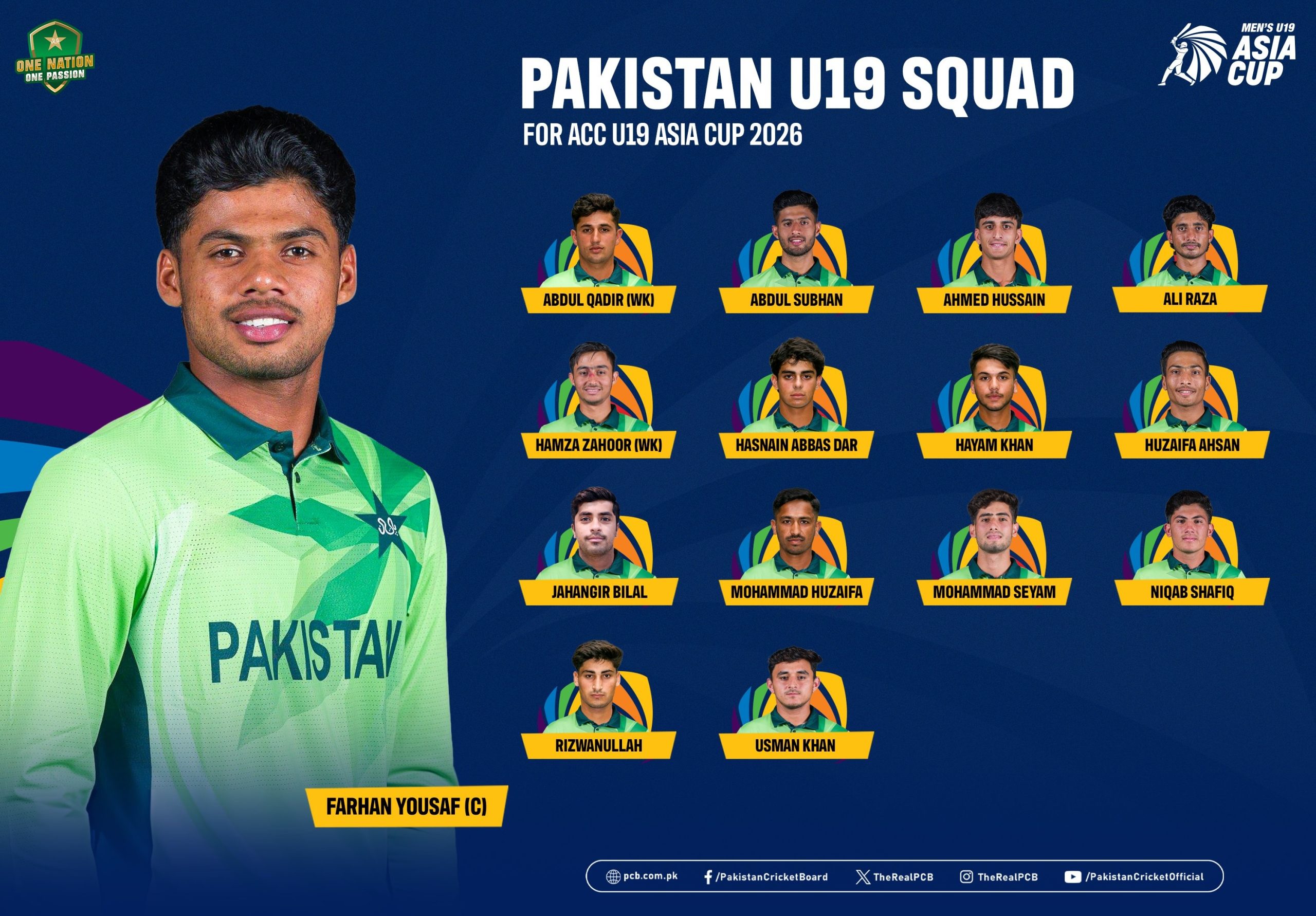 Promotional graphic posted by the Pakistan Cricket Board announcing the Pakistan U19 squad for the ACC Men’s U‑19 Asia Cup 2026, featuring a large portrait of Farhan Yousaf in a green jersey labelled as captain (C) and smaller headshots of the other 14 squad members