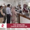 AI-generated editorial illustration: Conceptual editorial illustration for Tax Deadline Chaos in Pakistan. Not a documentary photograph.