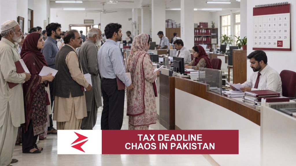 AI-generated editorial illustration: Conceptual editorial illustration for Tax Deadline Chaos in Pakistan. Not a documentary photograph.