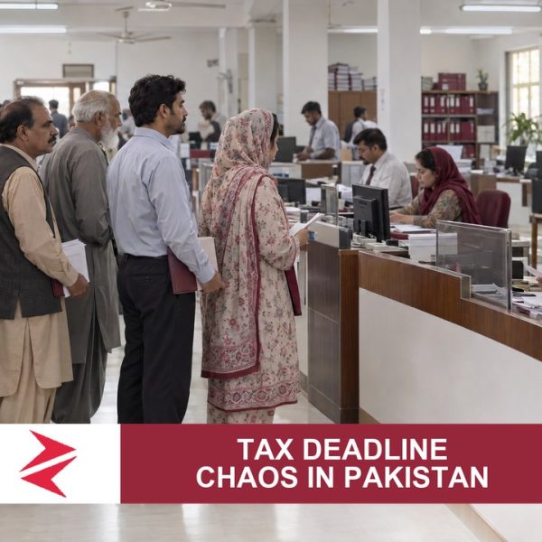 AI-generated editorial illustration: Conceptual editorial illustration for Tax Deadline Chaos in Pakistan. Not a documentary photograph.