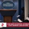 Editorial illustration of an empty White House press briefing podium with five falling calendar pages