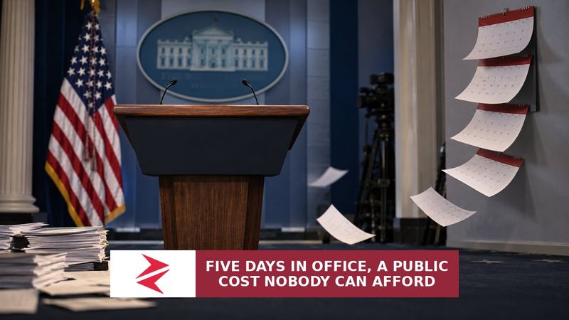 Editorial illustration of an empty White House press briefing podium with five falling calendar pages