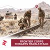 AI-generated editorial illustration: Conceptual editorial illustration for Frontier Corps Thwarts Train Attack. Not a documentary photograph.