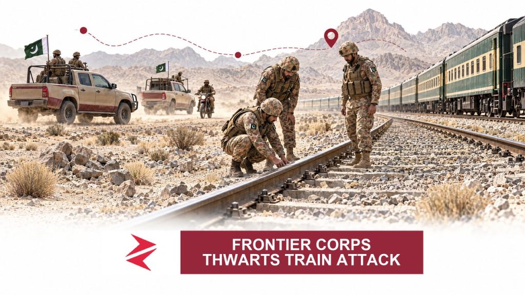 AI-generated editorial illustration: Conceptual editorial illustration for Frontier Corps Thwarts Train Attack. Not a documentary photograph.