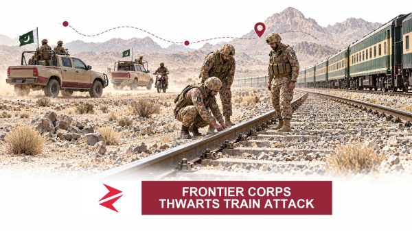 AI-generated editorial illustration: Conceptual editorial illustration for Frontier Corps Thwarts Train Attack. Not a documentary photograph.