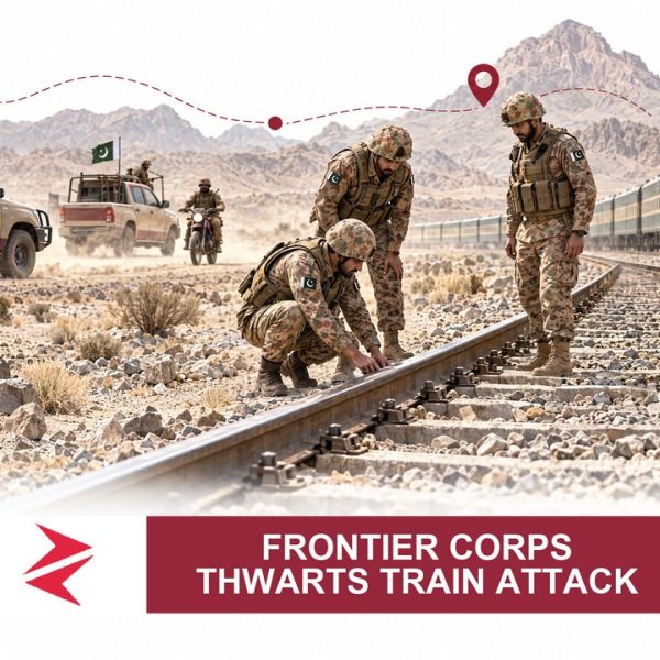 AI-generated editorial illustration: Conceptual editorial illustration for Frontier Corps Thwarts Train Attack. Not a documentary photograph.