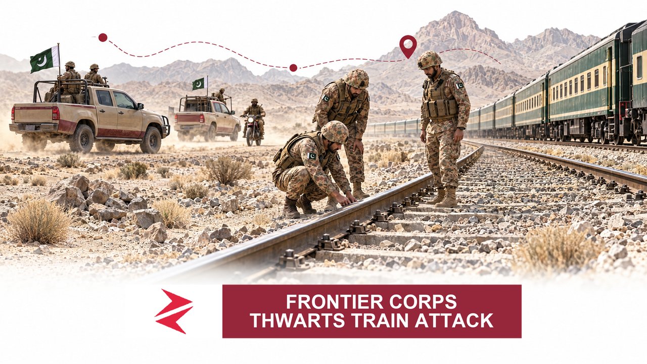 AI-generated editorial illustration: Conceptual editorial illustration for Frontier Corps Thwarts Train Attack. Not a documentary photograph.