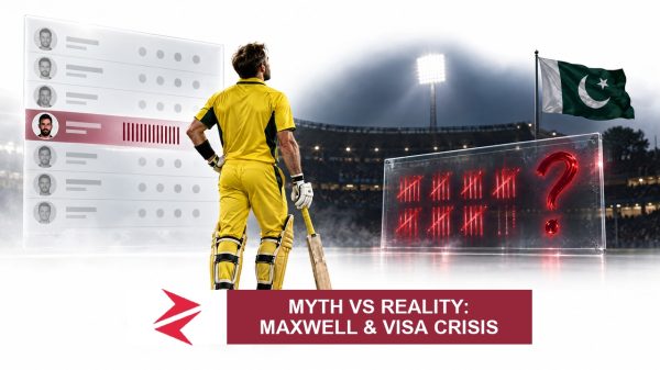 AI-generated editorial illustration: Conceptual editorial illustration for Myth vs Reality: Maxwell & Visa Crisis. Not a documentary photograph.