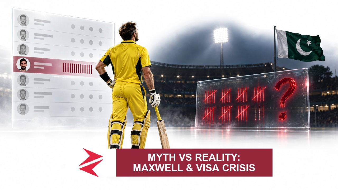 AI-generated editorial illustration: Conceptual editorial illustration for Myth vs Reality: Maxwell & Visa Crisis. Not a documentary photograph.