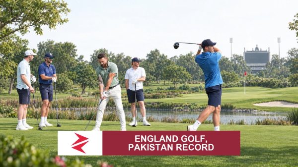 AI-generated editorial illustration: Conceptual editorial illustration for England Golf, Pakistan Record. Not a documentary photograph.