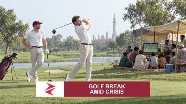 AI-generated editorial illustration: Conceptual editorial illustration for Golf Break Amid Crisis. Not a documentary photograph.