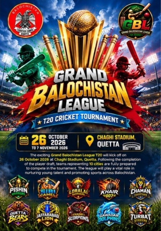 Promotional poster for the Grand Balochistan League T20 cricket tournament showing a golden trophy, player silhouettes, the Balochistan Frontier Corps North emblem, the league logo, and the ten city team names