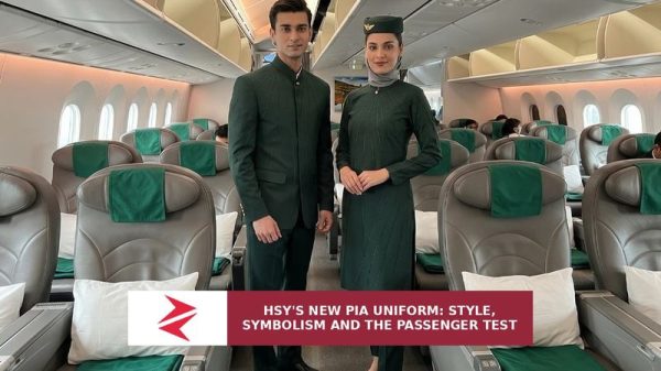 Branded editorial image of the new HSY-designed PIA cabin crew uniform