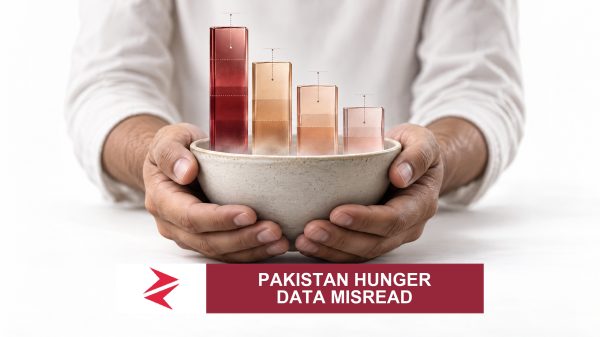 AI-generated editorial illustration: Conceptual editorial illustration for Pakistan Hunger Data Misread. Not a documentary photograph.