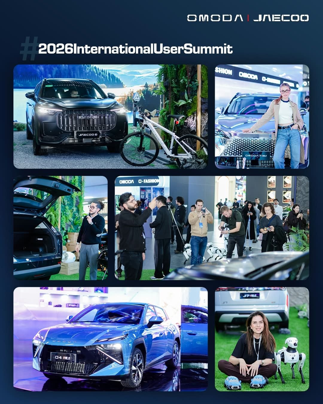Collage of five photos promoting the 2026 International User Summit for OMODA and JAECOO, showing branded vehicles and attendees at the event
