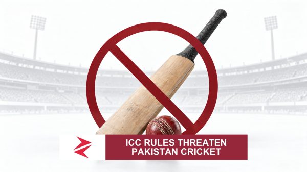 AI-generated editorial illustration: Conceptual editorial illustration for ICC Rules Threaten Pakistan Cricket. Not a documentary photograph.