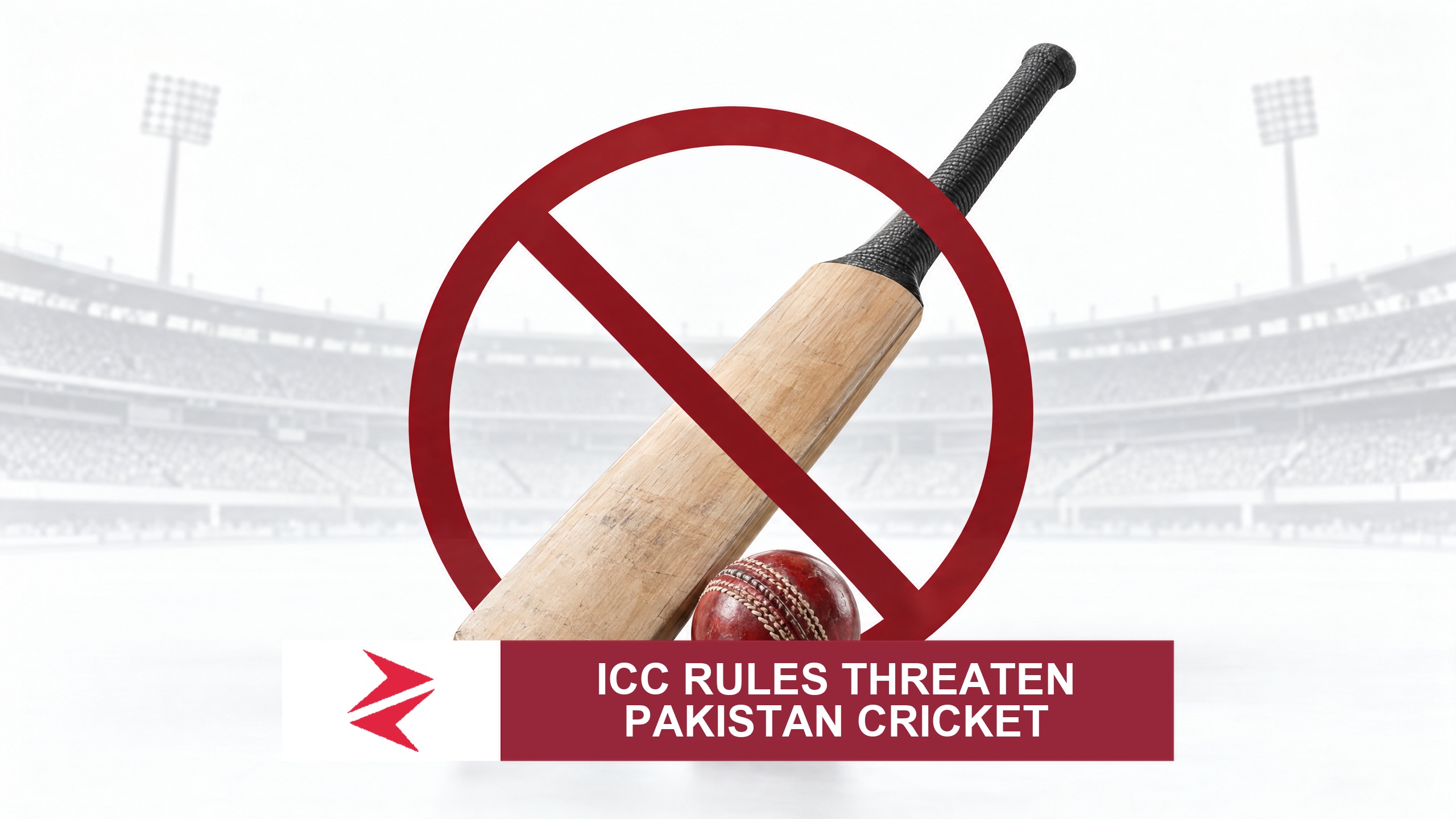AI-generated editorial illustration: Conceptual editorial illustration for ICC Rules Threaten Pakistan Cricket. Not a documentary photograph.