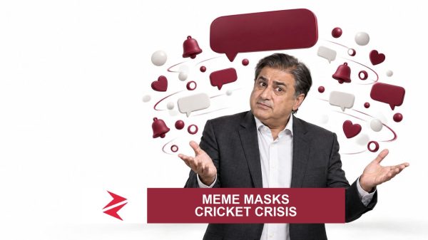 AI-generated editorial illustration: Conceptual editorial illustration for Meme Masks Cricket Crisis. Not a documentary photograph.
