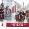 AI-generated editorial illustration: Conceptual editorial illustration for Pakistan's Top‑1% Income Gap. Not a documentary photograph.
