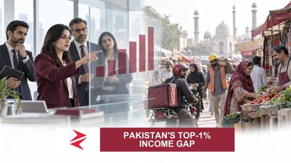 AI-generated editorial illustration: Conceptual editorial illustration for Pakistan's Top‑1% Income Gap. Not a documentary photograph.