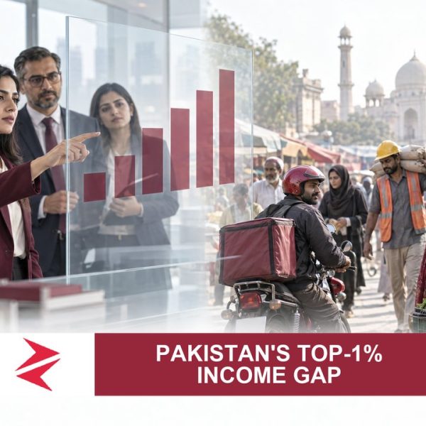 AI-generated editorial illustration: Conceptual editorial illustration for Pakistan's Top‑1% Income Gap. Not a documentary photograph.