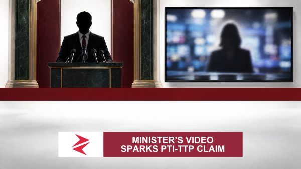 AI-generated editorial illustration: Conceptual editorial illustration for Minister’s Video Sparks PTI‑TTP Claim. Not a documentary photograph.