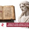 AI-generated editorial illustration: Conceptual editorial illustration for Debate Over Jesus' Faith Sparks Pakistan Backlash. Not a documentary photograph.