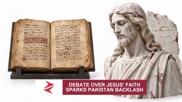 AI-generated editorial illustration: Conceptual editorial illustration for Debate Over Jesus' Faith Sparks Pakistan Backlash. Not a documentary photograph.