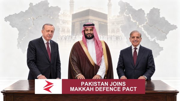 AI-generated editorial illustration: Conceptual editorial illustration for Pakistan Joins Makkah Defence Pact. Not a documentary photograph.