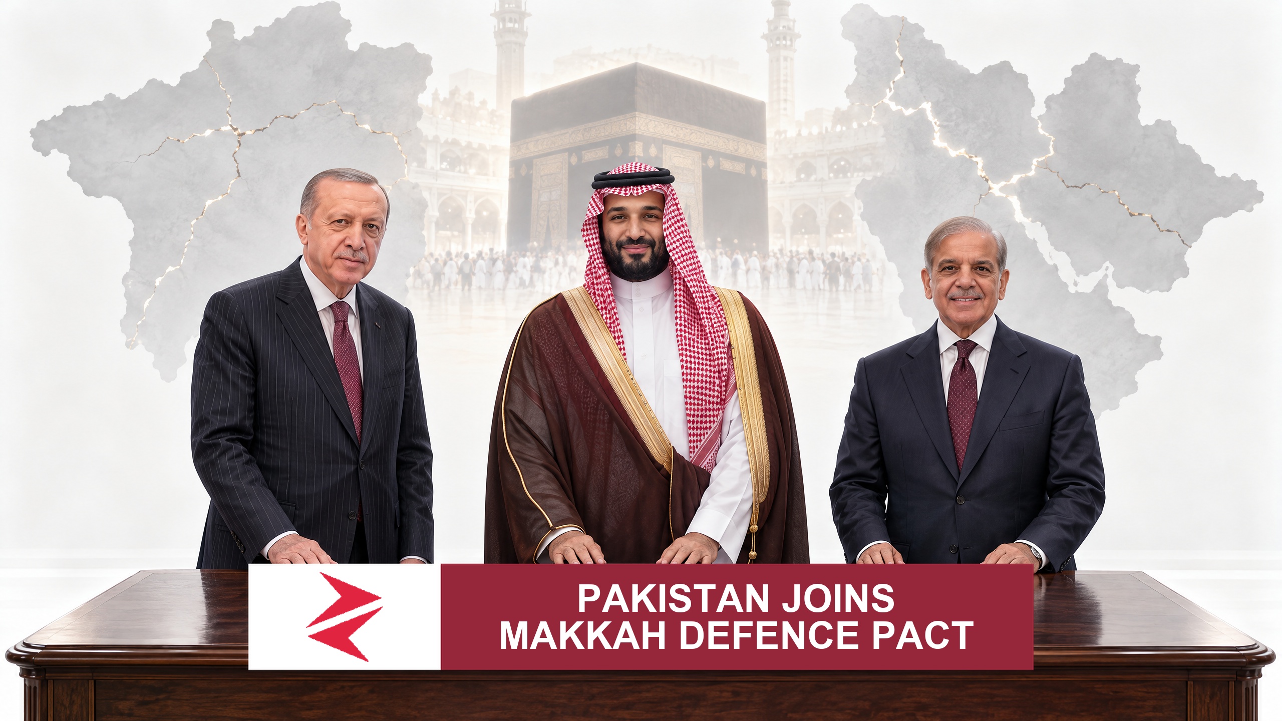 AI-generated editorial illustration: Conceptual editorial illustration for Pakistan Joins Makkah Defence Pact. Not a documentary photograph.