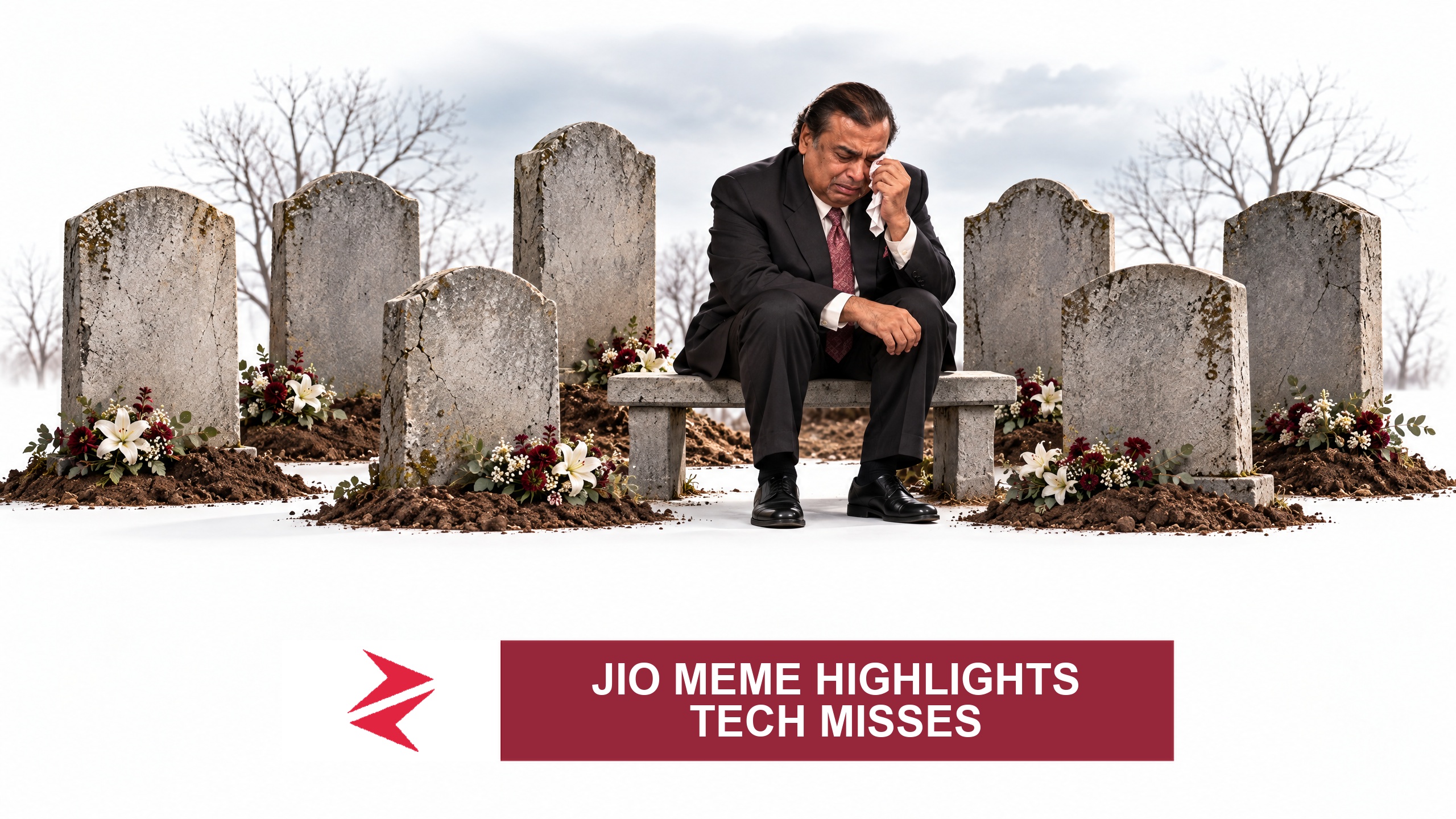 AI-generated editorial illustration: Conceptual editorial illustration for Jio Meme Highlights Tech Misses. Not a documentary photograph.