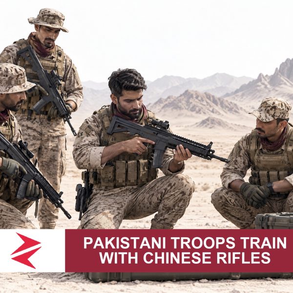 AI-generated editorial illustration: Conceptual editorial illustration for Pakistani troops train with Chinese rifles. Not a documentary photograph.