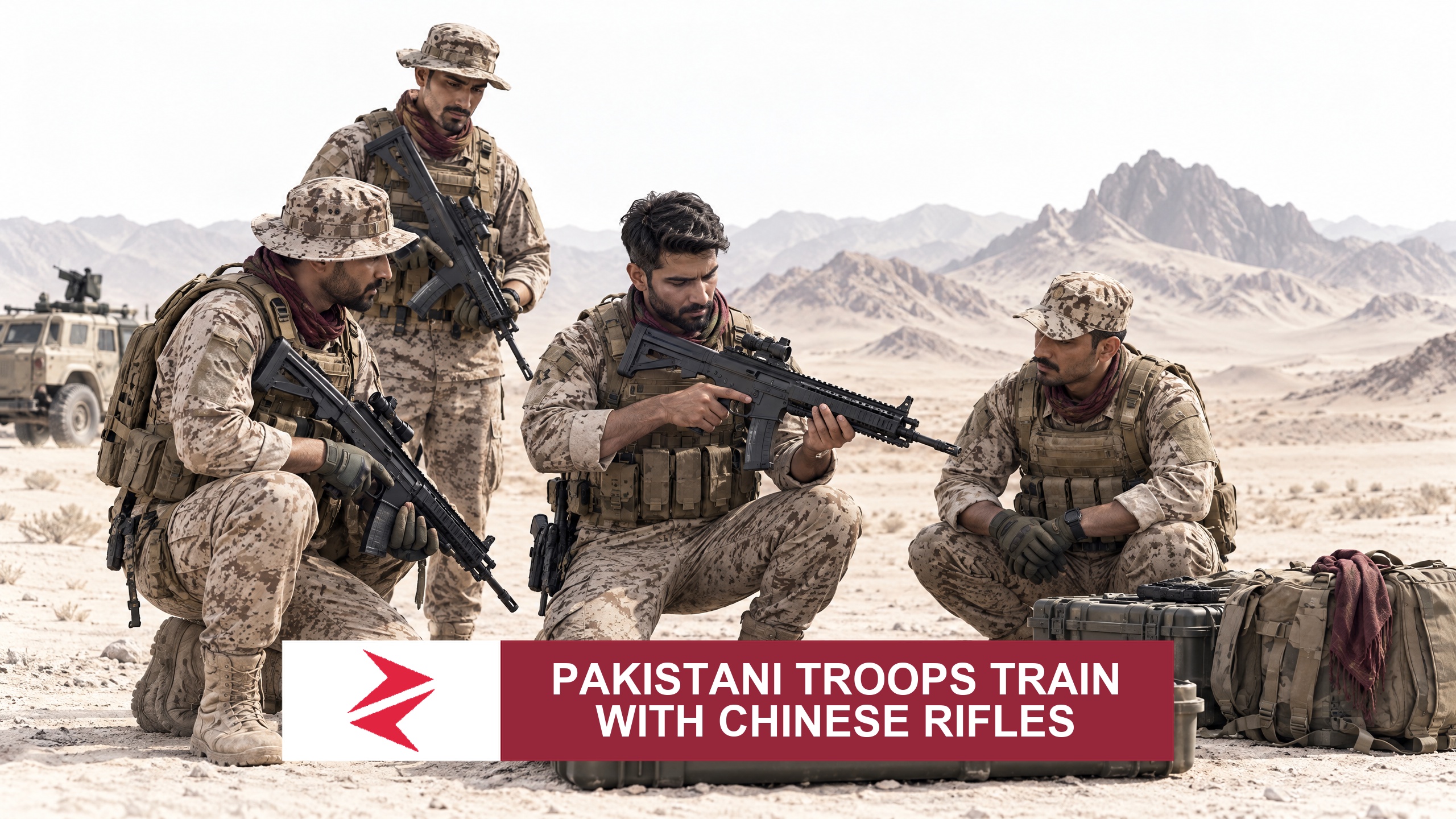 AI-generated editorial illustration: Conceptual editorial illustration for Pakistani troops train with Chinese rifles. Not a documentary photograph.