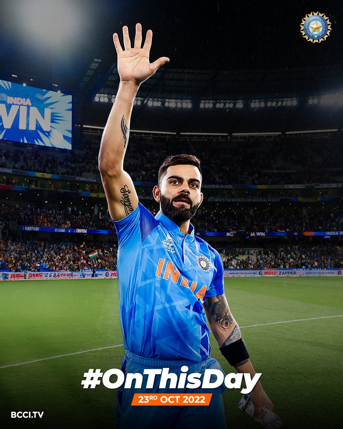 BCCI graphic celebrating India’s victory over Pakistan on 23 October 2022, featuring Virat Kohli