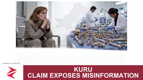 AI-generated editorial illustration: Conceptual editorial illustration for Kuru Claim Exposes Misinformation. Not a documentary photograph.