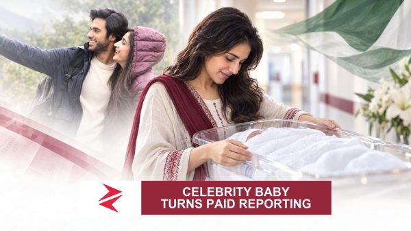 AI-generated editorial illustration: Conceptual editorial illustration for Celebrity Baby Turns Paid Reporting. Not a documentary photograph.